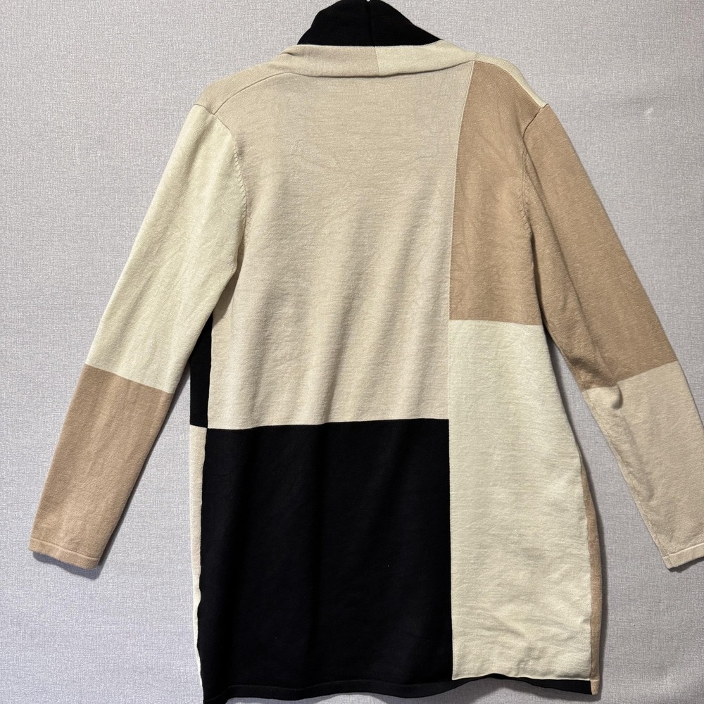 Colorblock Cardigan Sweater Womens Medium Neutral Black Beige Open Front Knit - Picture 3 of 6